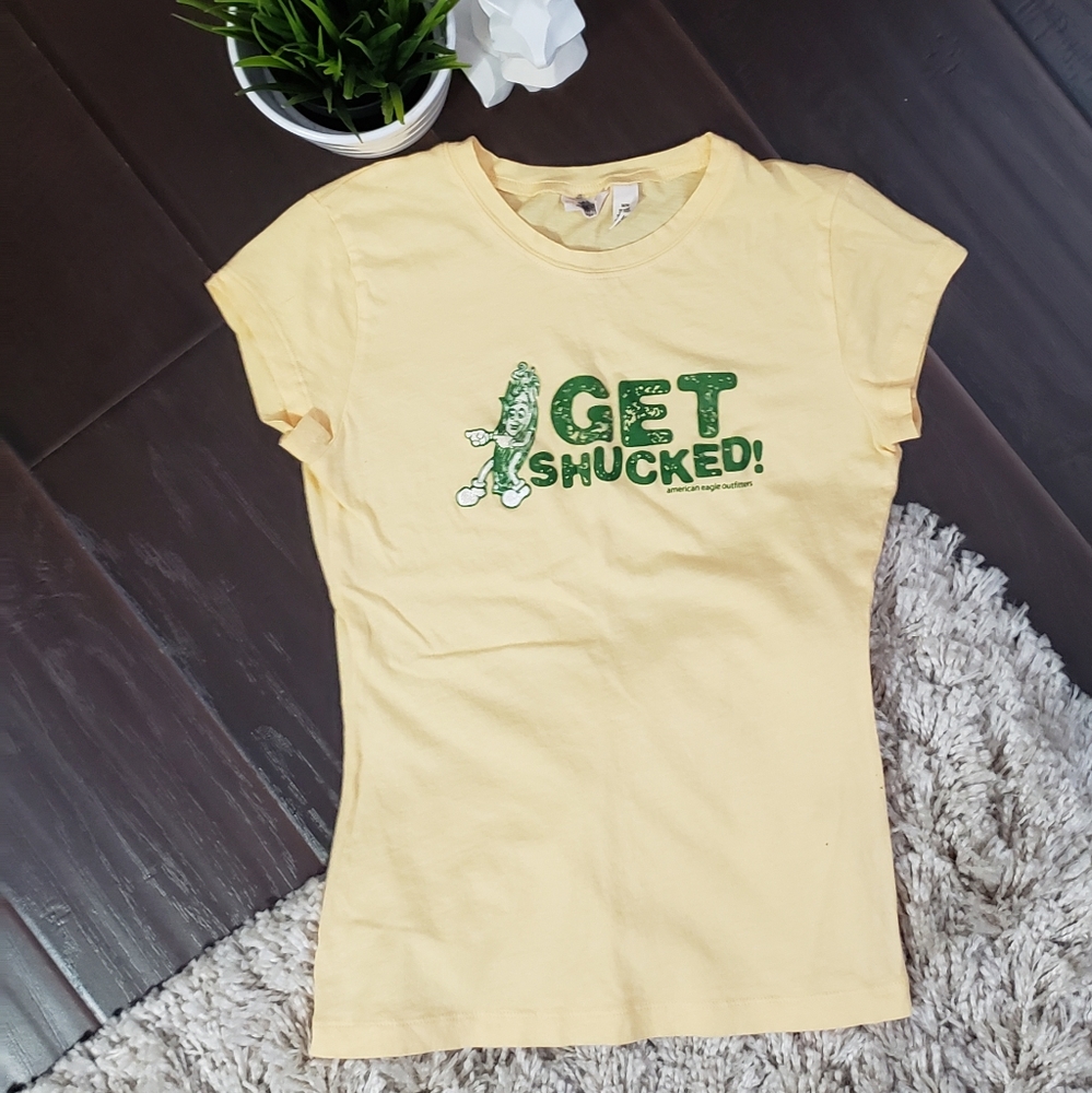American Eagle Outfitters Yellow Tee with Green Print